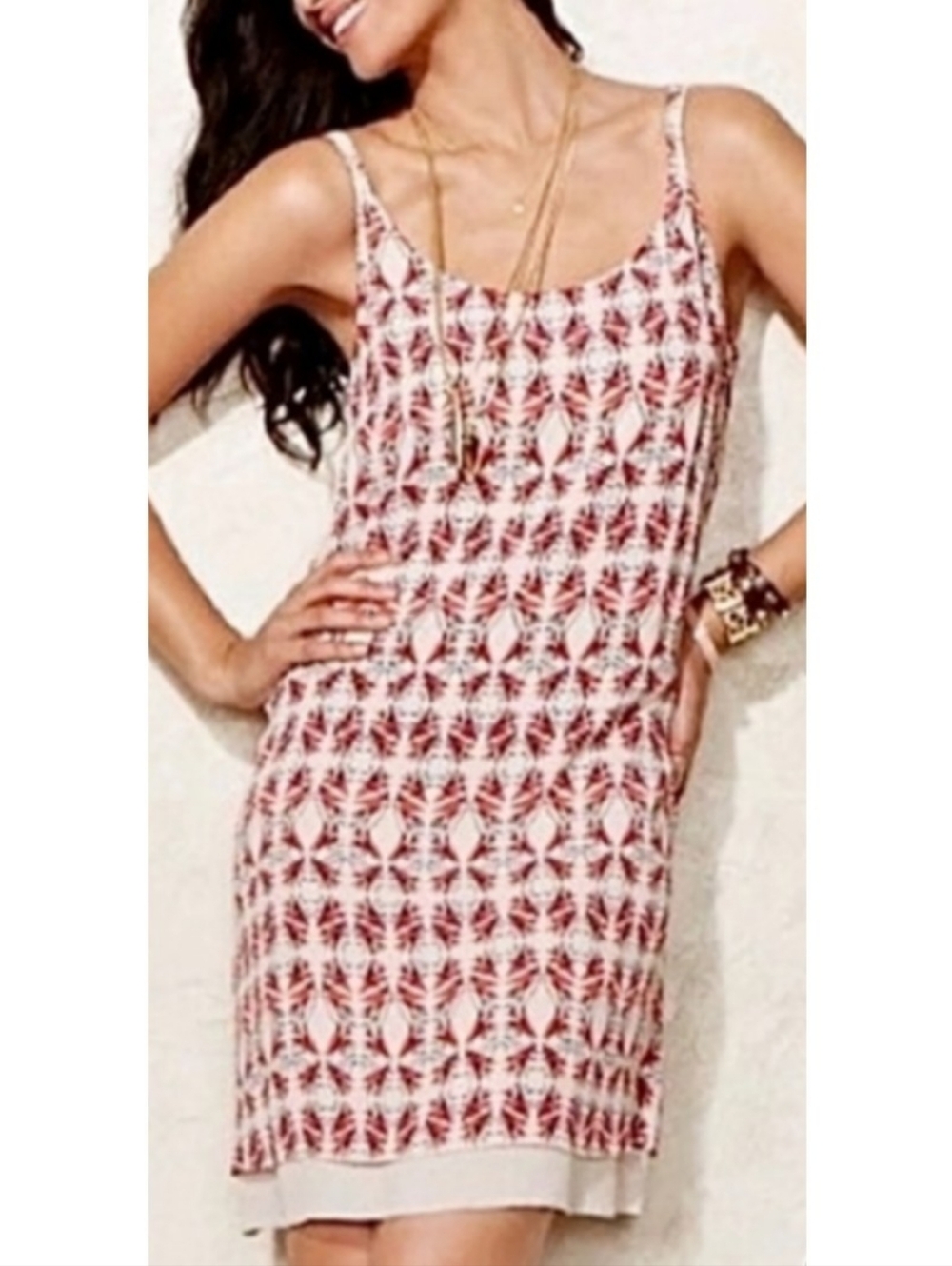 Cabi Limited Edition Batik Print Slip Dress Beige Cream Orange Navy Blue Large